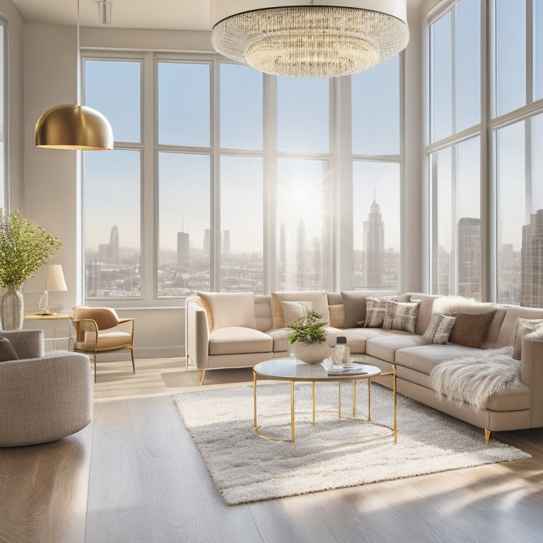 A serene, well-lit living room with a large window, sleek hardwood floors, and a modern chandelier, showcasing a beautiful cityscape view on a sunny day.