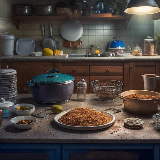 A cluttered kitchen countertop with stacks of dirty dishes, scattered utensils, expired food containers, and a toaster with crumbs spilling out, all set against a dimly lit, worn-out background.