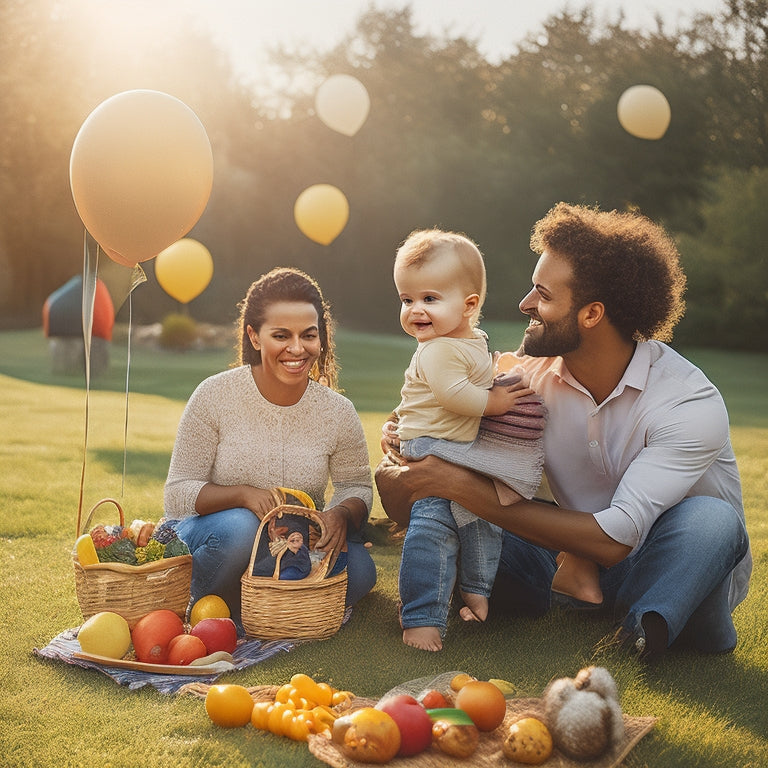 A warm, golden-lit scene of a smiling family of four, with a toddler on a father's shoulders, a mother holding a baby, and a sun-drenched backyard with balloons and a picnic blanket.