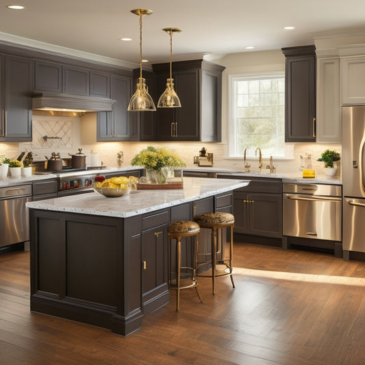 A warm, modern kitchen with creamy white walls, dark hardwood floors, and a large island featuring rich, espresso-finished cabinets with ornate hardware and soft, golden lighting.