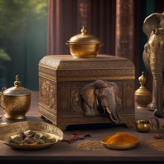 An intricately carved, ornate wooden tea chest adorned with golden filigree, surrounded by steaming cups, vibrant spices, and a majestic Indian elephant in the background, set against a warm, golden-brown backdrop.