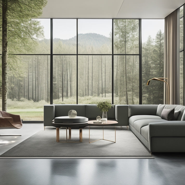 An elegant, modern living room with sleek lines, minimal decor, and large windows overlooking a lush green forest, featuring Lapitec's sintered stone flooring and a statement wall in a rich, earthy tone.