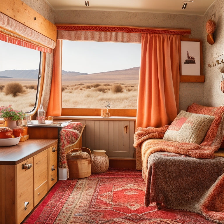 A warm, golden-lit interior of a vintage camper van, with plush velvet curtains, a refurbished wooden counter, and a cozy nook with a retro-patterned blanket, surrounded by vintage travel trinkets.