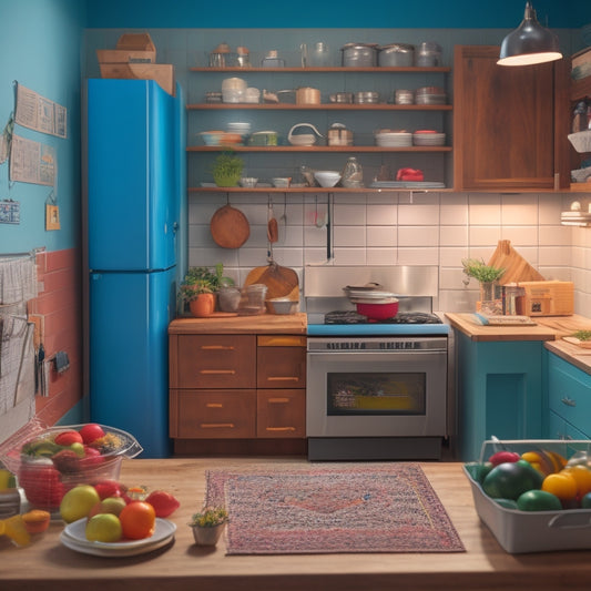 A compact kitchen with a small wooden table, a miniature fridge, and a few pots and pans hanging from the ceiling, surrounded by colorful sticky notes and a miniature chalkboard with a meal planning grid.