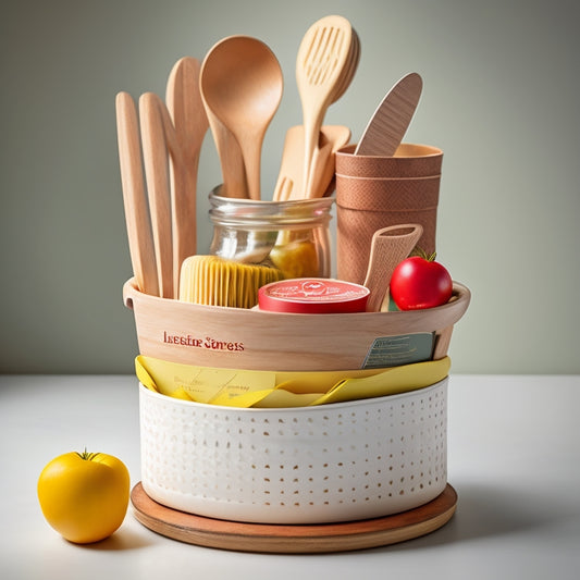 A wooden kitchen utensil holder filled with a jumbled mix of colorful recipe cards, wooden spoons, and stainless steel kitchen tools, set against a warm, creamy beige background.