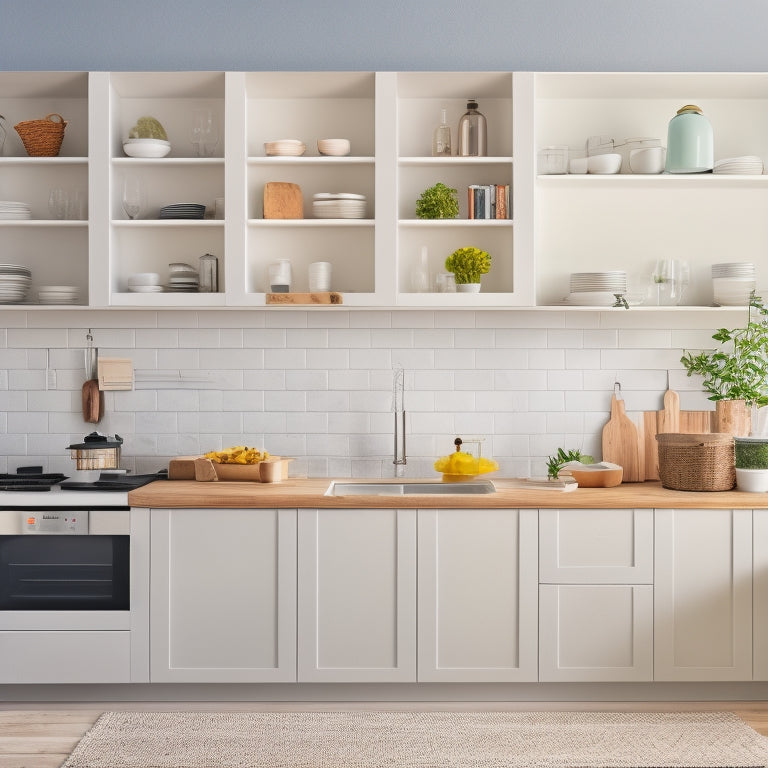 A minimalist kitchen with sleek, white cabinets and quartz countertops, featuring a large island with a built-in sink and a wall-mounted pegboard with organized utensils and cookbooks.