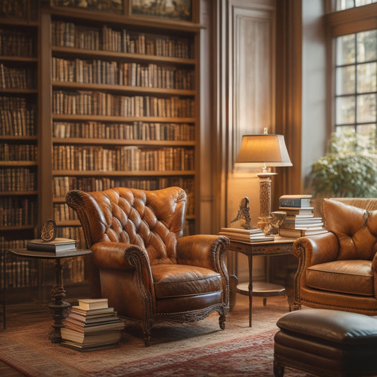 A warm, golden-lit bookstore interior with towering shelves overflowing with vintage and modern books, a plush armchair in the corner, and a few scattered bookmarks and reading lamps.