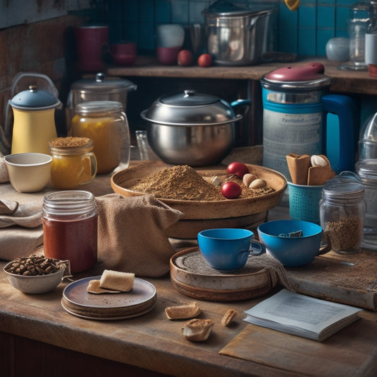 A cluttered kitchen countertop with stacked dirty dishes, overflowing utensil jars, and a toaster with crumbs scattered around it, surrounded by worn-out recipe books and a few stray coffee cups.