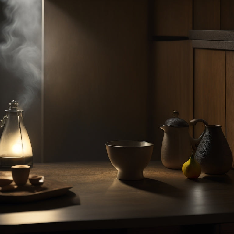 A dimly lit, minimalist Japanese kitchen with a single banana on a worn wooden counter, surrounded by scattered recipe notes and a steaming teapot, evoking a sense of introspective culinary exploration.