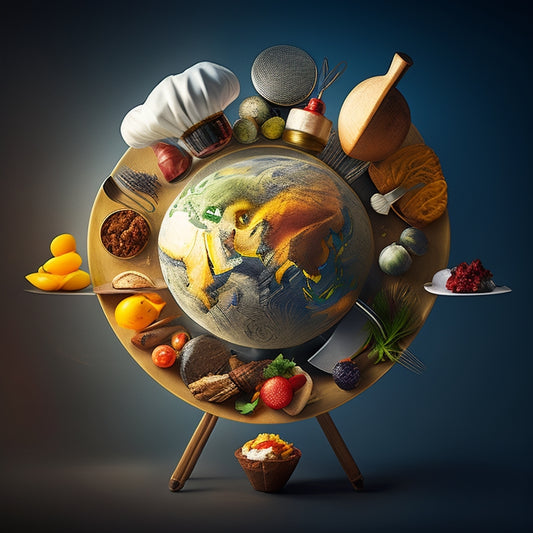 A stylized globe with interconnected culinary icons (e.g., chef hats, utensils, and dishes) orbiting around it, surrounded by wispy lines and subtle brand logos in the background.