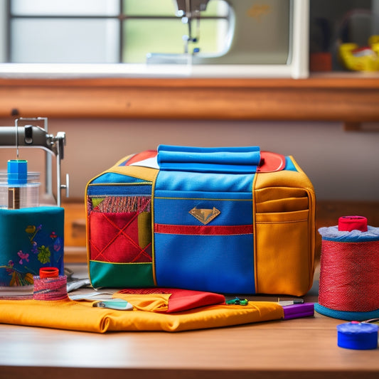 A colorful, partially unzipped sewing organizer with various pockets and compartments, surrounded by threads, needles, and fabric scraps, on a wooden table with a sewing machine in the background.