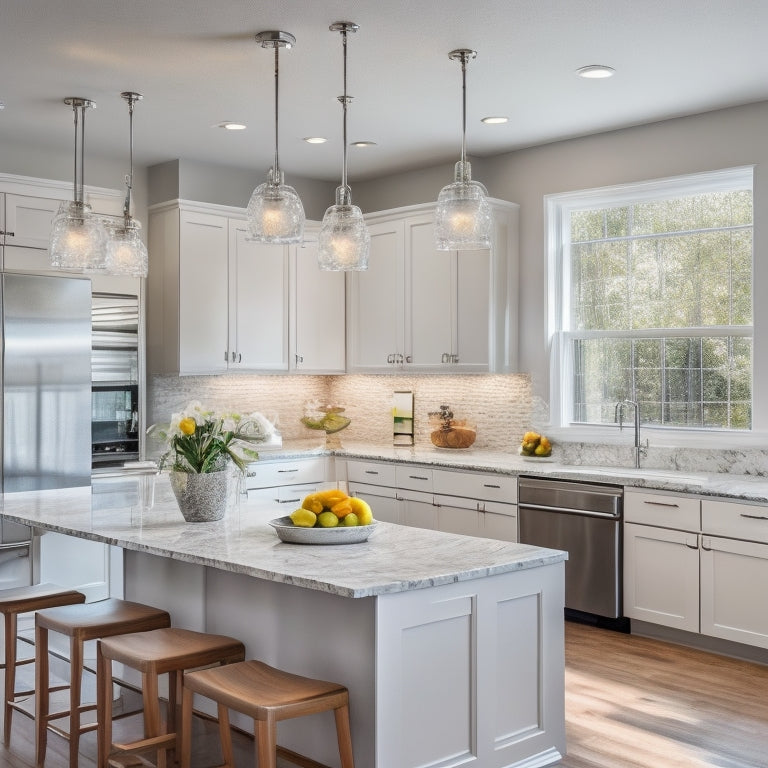 A bright, modern kitchen with sleek white cabinets, polished granite countertops, and stainless steel appliances, surrounded by large windows and a stunning pendant light fixture above a central island.