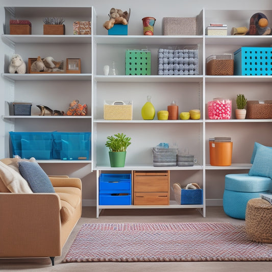 A tidy, modern living room with a wall-mounted shelving unit, featuring colorful, categorically-organized storage bins, baskets, and jars, each adorned with small, rectangular, white labels.