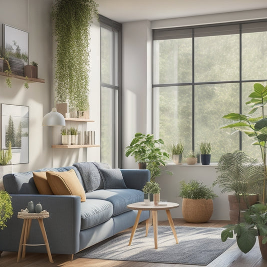 A serene, modern living room with a large window showcasing a sunny neighborhood, a ladder leaning against a wall with a blueprint roll, and a few moving boxes in the corner, surrounded by lush green plants.