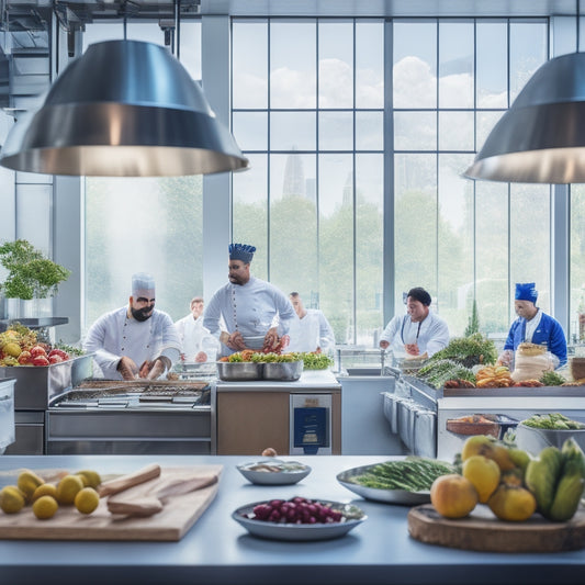 A bustling commercial kitchen with chefs in white coats, stainless steel countertops, and utensils hung on the wall, surrounded by vibrant fruits, vegetables, and artisanal breads, with a faint cityscape outside the window.