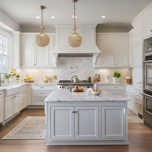 A bright, modern kitchen with cream-colored cabinets featuring ornate hardware, surrounded by gleaming quartz countertops, stainless steel appliances, and a large island with a built-in sink and pendant lights.