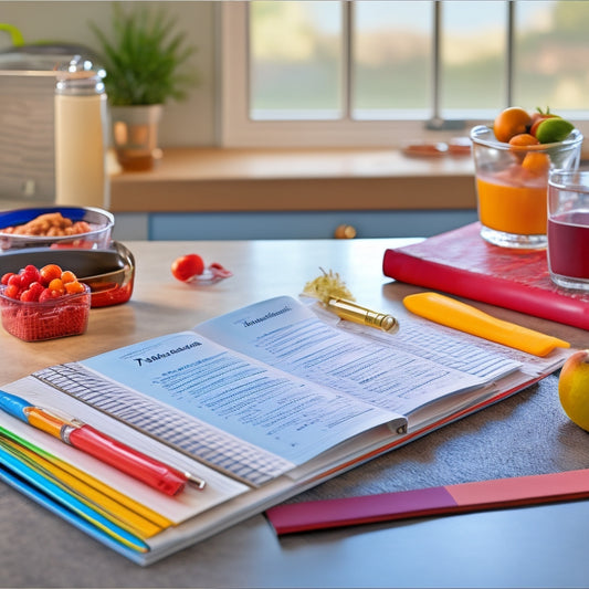 A tidy kitchen counter featuring a colorful binder with tabbed sections, a set of pens, a mini calendar, and a few neatly organized recipe cards, surrounded by a few fresh ingredients.