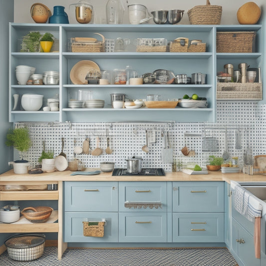 A cluttered small kitchen with a jumbled mix of utensils, pots, and ingredients on countertops, contrasted with a serene, organized kitchen featuring clever storage solutions like a pegboard, pull-out shelves, and a compact island.