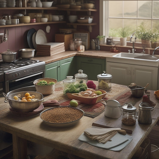 A cluttered kitchen scene with piles of dirty dishes, utensils scattered on countertops, and a messy island in the center, surrounded by open cookbooks and scraps of paper with recipe notes.