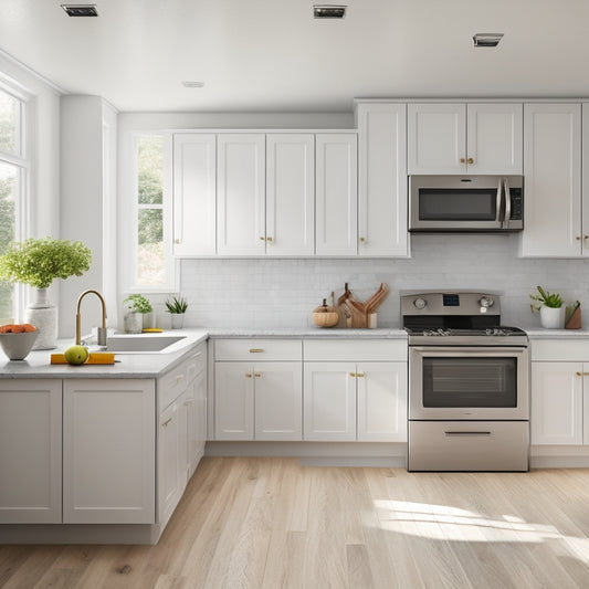 A minimalist kitchen with white cabinets, gray countertops, and stainless steel appliances, surrounded by a soft, natural light, with a small, round kitchen island in the center.