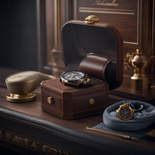 A luxurious, velvet-covered watch winder sits on a polished wooden desk, surrounded by precision tools and a partially disassembled timepiece, with a soft, warm light casting subtle shadows.