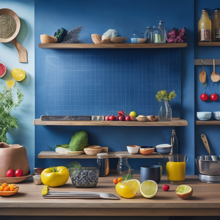 A colorful and organized kitchen background with a blank chalkboard or whiteboard in the center, surrounded by healthy ingredients, cookbooks, and a few scattered utensils, with a subtle grid pattern in the foreground.