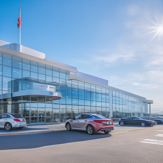 A sunny day exterior of a modern Honda dealership with a large glass facade, rows of shiny new Honda vehicles, and a red banner waving in the wind.