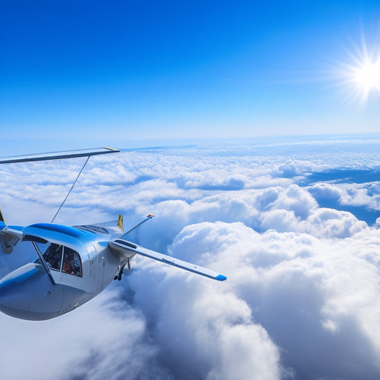 A dramatic, aerial view of a small, sleek airplane soaring through a bright blue sky with fluffy white clouds, surrounded by scattered pilot headsets, goggles, and flight bags.