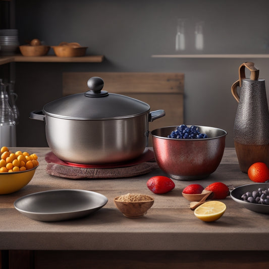 A rustic kitchen countertop with a few scattered ingredients, a stainless steel mixing bowl, and three modern kitchen scales in different styles and sizes, each with a distinct design and precision features.