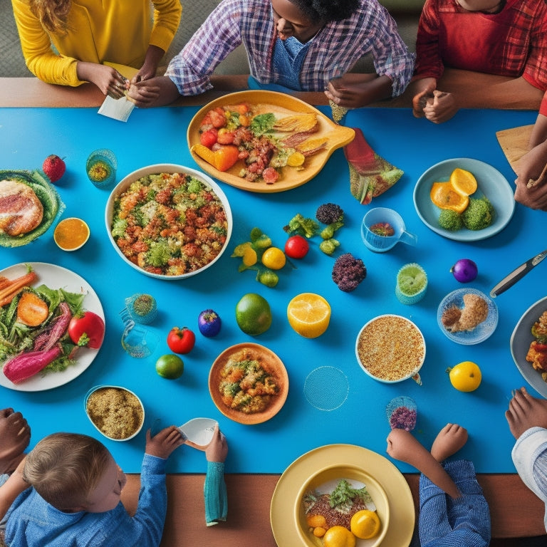 A colorful illustration of a happy family gathered around a dinner table, with a mix of healthy and kid-friendly food options, surrounded by empty plates, utensils, and a few meal planning charts in the background.