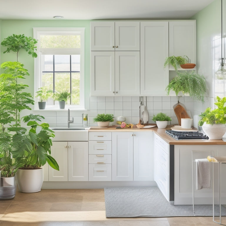 A bright, airy kitchen with sleek white cabinets, a stainless steel island, and a few, carefully placed, vibrant green potted plants, surrounded by ample negative space.