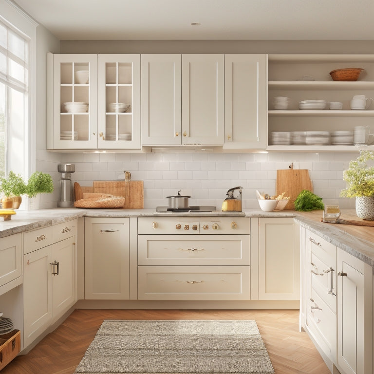 A serene kitchen with creamy cabinets, warm wooden countertops, and a few strategically placed, sleek storage bins in calming colors, showcasing a tidy cooking space with minimal clutter.