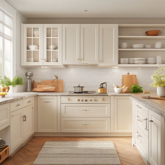 A serene kitchen with creamy cabinets, warm wooden countertops, and a few strategically placed, sleek storage bins in calming colors, showcasing a tidy cooking space with minimal clutter.