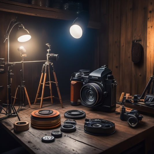 A darkened photography studio with a single spotlight shining down on a DSLR camera, surrounded by scattered aperture rings, shutter speed dials, and ISO wheels, on a wooden workbench.