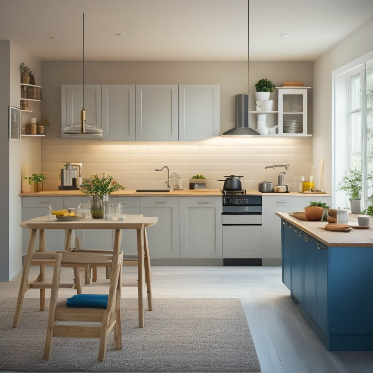 A modern kitchen with IKEA cabinets, countertops, and appliances, featuring a combination of open shelving, pendant lighting, and a large island, with a subtle Scandinavian aesthetic.