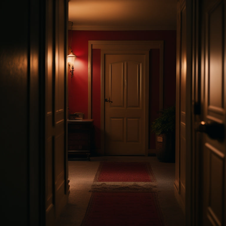 A dimly lit hallway with a faint glow from an open door, a shadowy figure lurking in the background, and a "for sale" sign in the foreground with a red "X" marked through it.