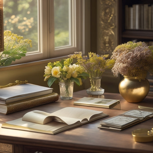 A serene, golden-lit interior with a cluttered desk in the background, surrounded by scattered papers and empty planners, while a peaceful, blooming garden grows out of a single, open planner in the foreground.