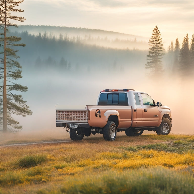 A serene, misty morning landscape with a parked white truck, its tailgate down, revealing a sleek, organized DECKED storage system with neatly arranged tools, equipment, and adventure gear.