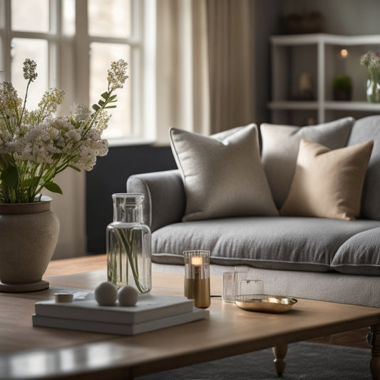 A cozy, well-lit living room with a neutral-colored sofa, a vase with fresh flowers, and a minimalist coffee table, staged to appeal to potential homebuyers.