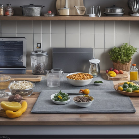 A cluttered kitchen counter with utensils, cookbooks, and appliances scattered chaotically, contrasted with a tidy tablet screen displaying a sleek, organized kitchen layout with categorized icons and a serene background.