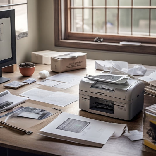 A clutter-free desk with a printer, a stack of eBay shipping labels, and a few parcels in the background, surrounded by a subtle, blurred-out shipping-themed chaos.