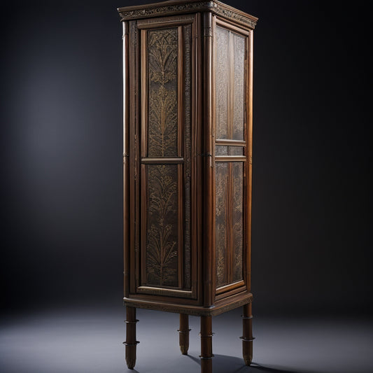 A tall, slender bamboo cabinet with intricate carvings on its doors, set against a dark background, with a subtle glow emanating from within, revealing a hidden compartment or secret drawer.