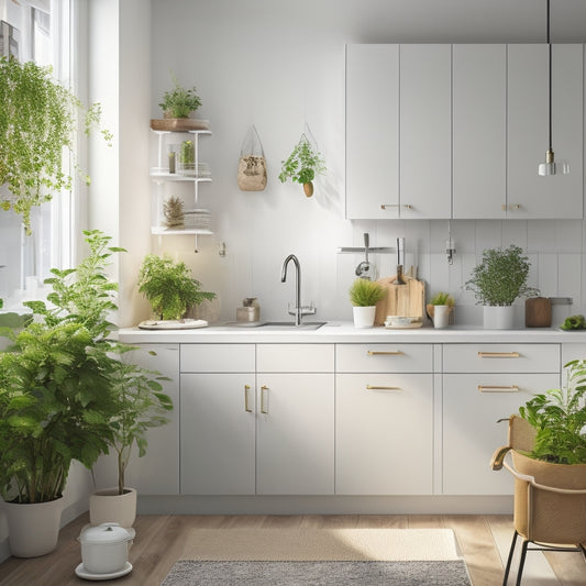 A bright, modern narrow kitchen with sleek white cabinets, a stainless steel sink, and a compact island, surrounded by a few strategically placed utensils and a few potted herbs.