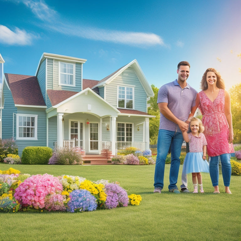 An illustration of a smiling family of four standing in front of a bright, modern, two-story house with a lush green lawn, surrounded by blooming flowers and a sunny sky with few white clouds.