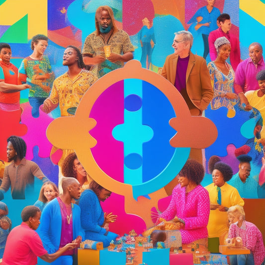 A stylized, vibrant illustration of a diverse group of people of various ages, ethnicities, and abilities gathered around a large, glowing puzzle piece, with puzzle pieces and community symbols floating around them.