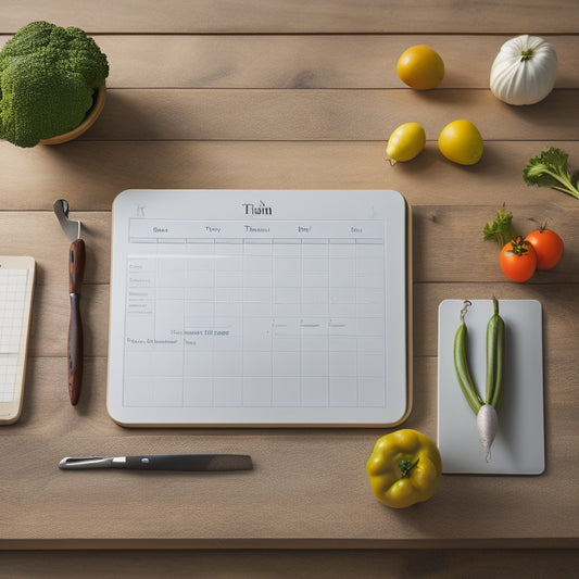 A minimalist kitchen table setting with a wooden cutting board, a few fresh vegetables, a small notebook with a pen, and a tablet displaying a meal planning calendar, surrounded by a subtle gluten-free logo.