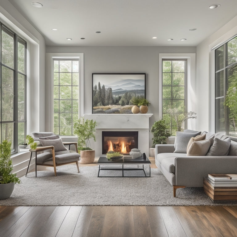 A modern, bright living room with refinished hardwood floors, creamy white walls, and sleek gray furniture, featuring a stunning stone-faced fireplace and large windows with lush greenery views.