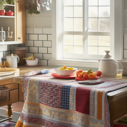 A colorful, sunlit kitchen with a quilted apron hanging on a hook, a patchwork tea towel draped over a counter, and a few coordinating quilted hot pads and a table runner in the background.