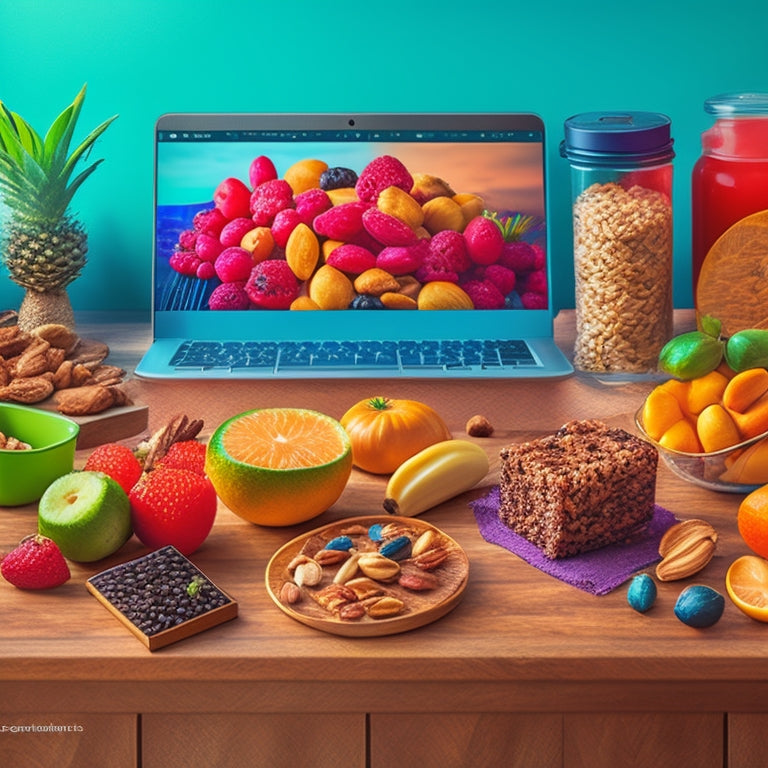 A vibrant, colorful illustration featuring a laptop surrounded by various healthy snacks like fruits, nuts, and energy bars, with a subtle background of a kitchen or living room.