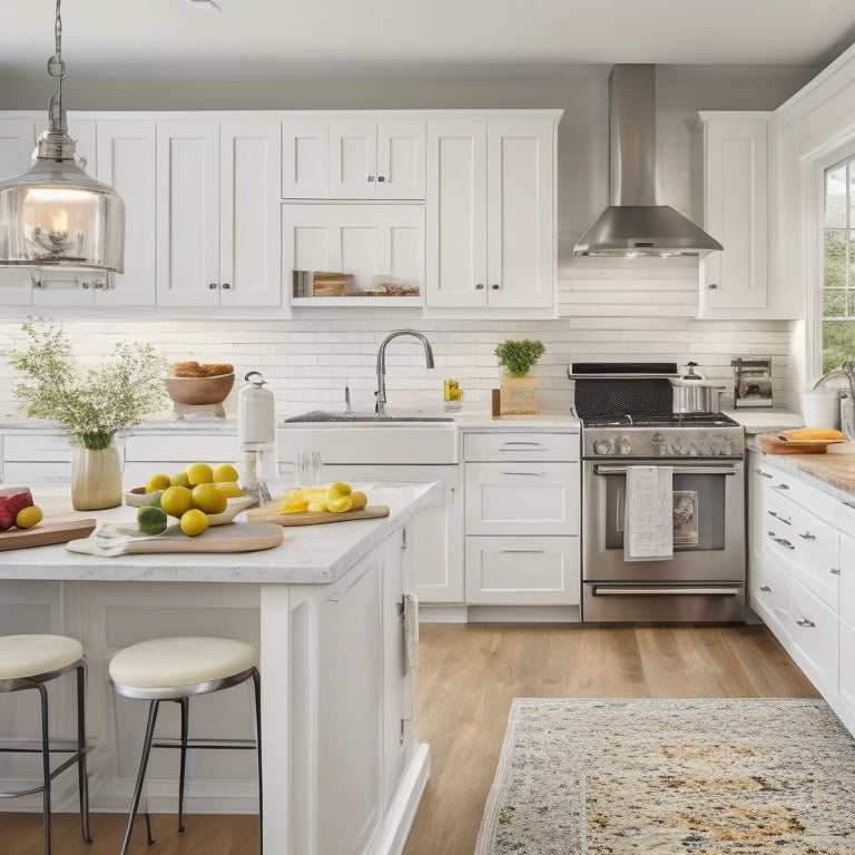 A bright, modern kitchen with sleek white cabinets, stainless steel appliances, and a large island with built-in drawers and a butcher-block countertop, surrounded by neatly arranged cookbooks and utensils.